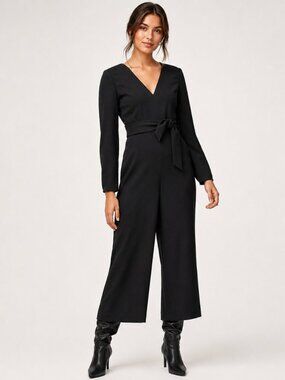 Aritzia Wilfred Ecoulement Jumpsuit Long Sleeve V Neck Tie Black Size 10